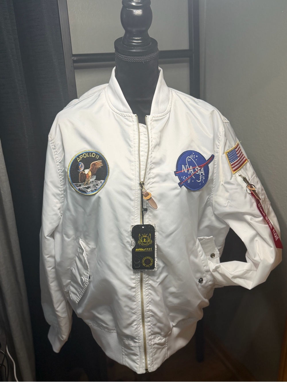 White NASA Apollo Patch Bomber Jacket L